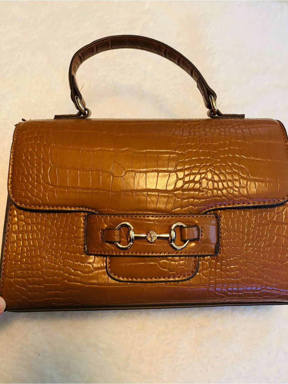 Anne Klein Croc-Embossed Top Handle Shoulder Bag in Brown